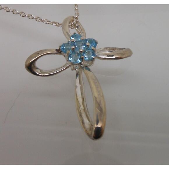 Vintage Sterling Silver Blue Topaz Flower Slide Cross Pendant Necklace Chain - Picture 3 of 10